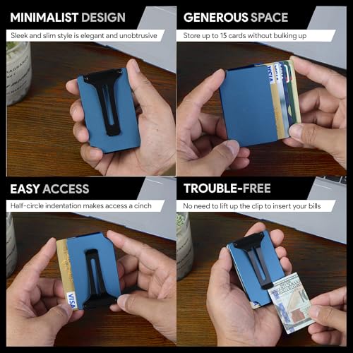 Image of Minimalist Wallet for Men, Slim Metal RFID Blocking Wallet Credit Card Holder Money Clip & Cash Strap, Scratch-Resistant Holds 15 Cards,Ideal Gift for Men | Matt Blue