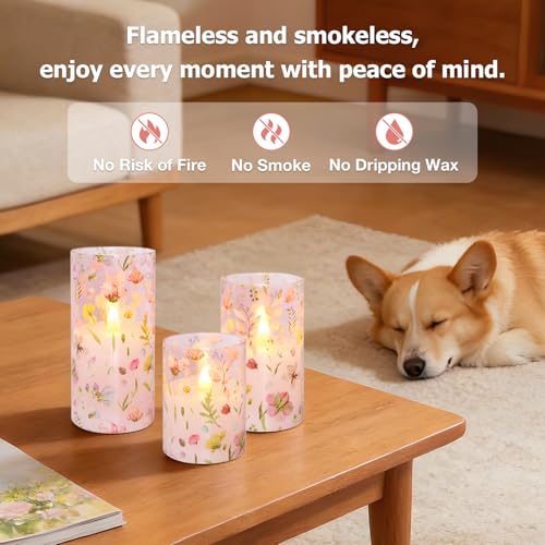 Image of Crystal Club Flameless LED Candles with Remote Timer, Pink Floral Glass Battery Operated Candles, 3 Pack Realistic Flickering Pillar Candles for Wedding Home Centerpiece Decoration