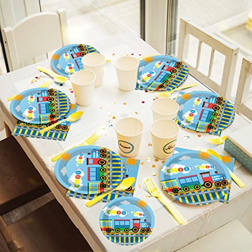 Image of gisgfim 96 Pcs Train Plates and Napkins Party Supplies Train Birthday Party Tableware Set Train Theme Party Decorations Favors for Birthday Baby Shower Serves 24 Guests