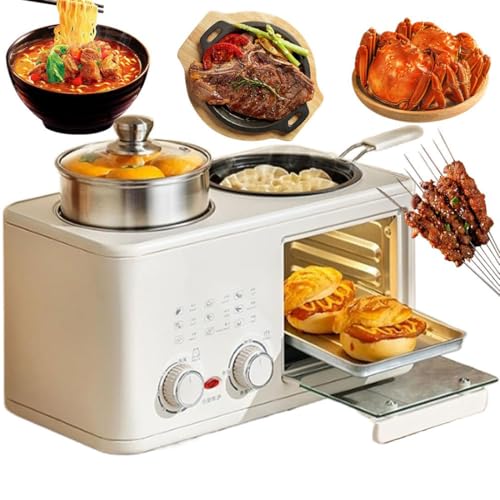Breakfast Maker Station, 4-in-1 Electric Machine with Oven, Frying Pan, Steamer, 1200W, 0-60 Min Timer, Ideal for Home Cooking