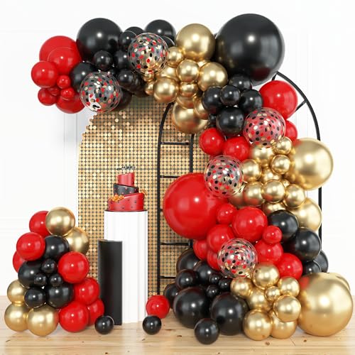 Amandir 153pcs Red Black Gold Balloon Garland Arch Kit Different Sizes 18 12 10 5 inch Red Black Gold Latex Metallic Confetti Gold Balloons for Graduation Casino Theme Birthday Party Decoration