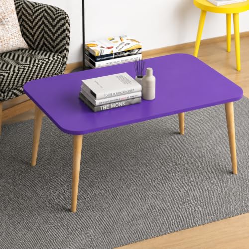Image of Wooden Foldable Coffee Table - Rectangular Center Tea Table for Living Room & Bedroom, Easy Assembly with Solid Wooden Legs (Purple)