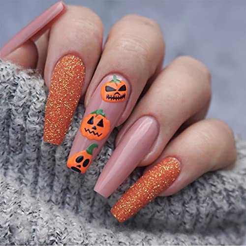 RikView Halloween Press on Nails Long Acrylic Nails Coffin Fake Nails Halloween Nails with Design (Bling Pumpkin)