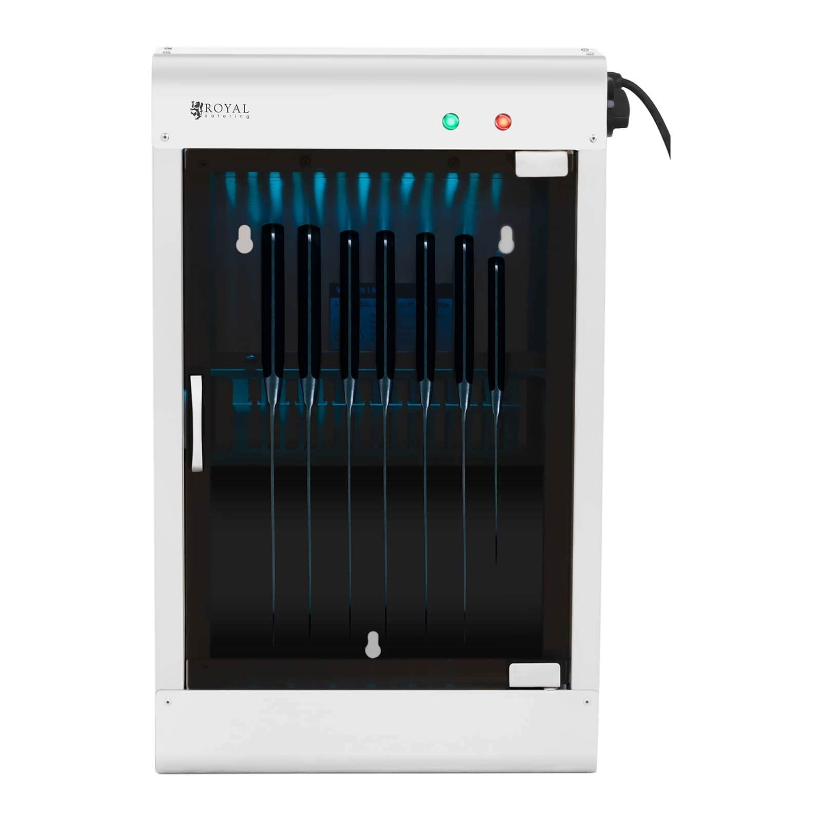 Royal Catering Stérilisateur UV Pour Couteaux Armoire De stérilisation Ultraviolet Lumière Ultraviolette RC-KSSS201 (Pour 14 Couteaux, 8 W, Boitier en Inox, Porte en Verre Acrylique, Minuterie 60 min)