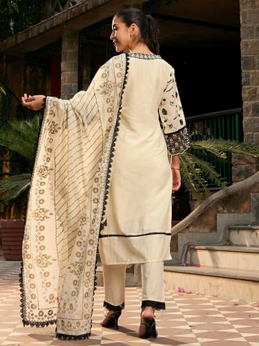 Image of INDO ERA Women's Embroidered Pure Cotton Calf Length Straight Kurta Pant With Dupatta