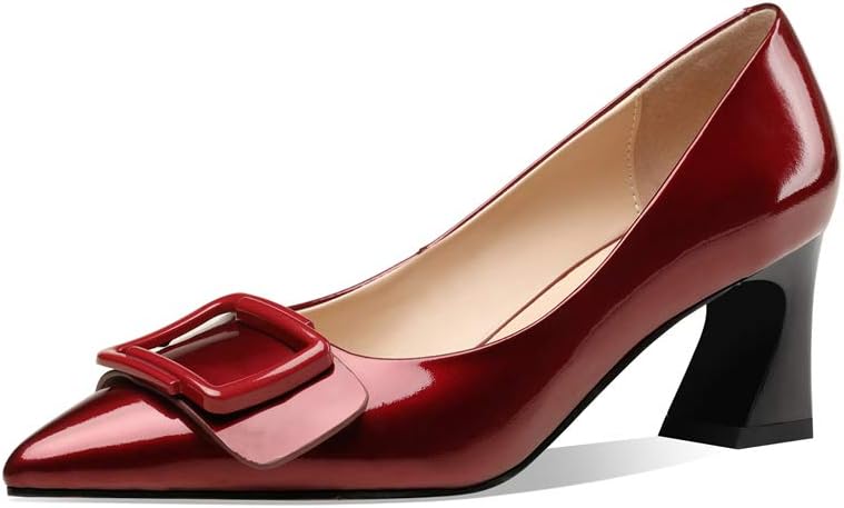 TinaCus Handmade Women's Clossy Patent Leather Mid Spool Heel Pointed Toe Slip On Modern Pumps with Square Buckle Pattern