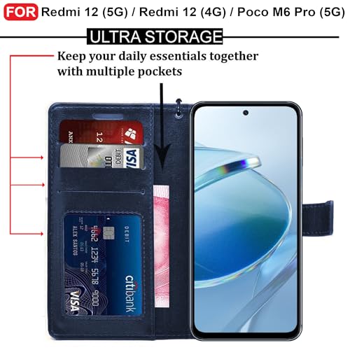 Image of CEDO Flip Cover for Redmi 12 (5G) / Redmi 12 (4G) / Poco M6 Pro (5G) | Leather Finish | Inside Pockets & Inbuilt Stand | Shockproof Wallet Style Magnetic Closure Back Case Flipcover (Blue)