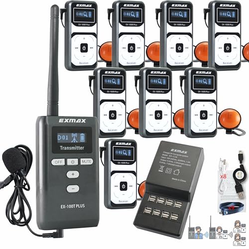 EXMAX EX-100 Plus 72MHz Wireless Voice Tour Guide System Headset Mic for Church Translation Tour Exhibit Guide Audio Visual Laboratory Museum Tour(1 Transmitter 8 Receivers 16-Socket Charger)