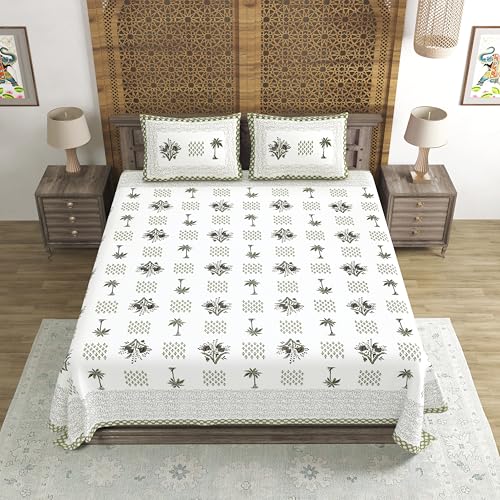 Image of BLOCKS OF INDIA Hand Block Printed 300 TC Cotton Super King Size Bedsheet(106 x 106) (Tree Green)