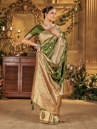 Image of Mehrang Women's Banarasi Silk Kanjivaram Saree For Wedding With Pure Zari Work, Woven Design, With Unstitched Blouse Piece