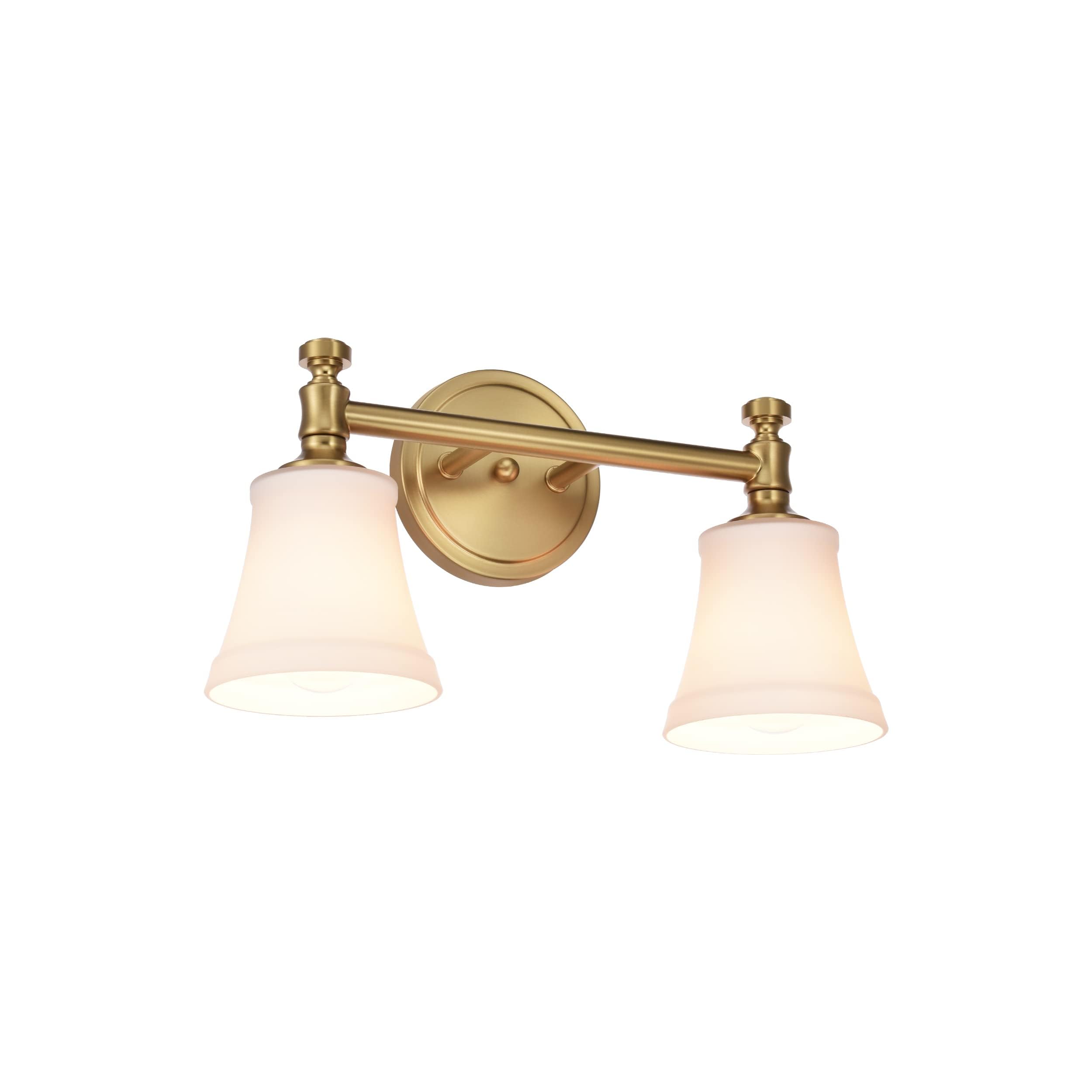 Photo 1 of Hanaloa Gold Bathroom Vanity Light Fixtures, Traditional Aged Brass 2 Lights Wall Sconce Lighting with Opal Glass Shade, Porch Wall Mount Light Fixture for Bathroom, Mirror Cabinets Hallway Stairs