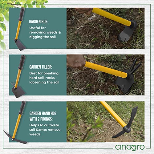 Image of Cinagro (Set of 3) Gardening Tool Set, Heavy-Duty Metal Construction, Rust-Free, Garden Hoe, Garden Tiller & Garden Hand Hoe with 2 Prongs (Yellow)
