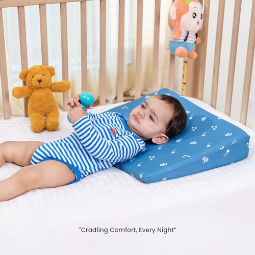 Image of Cherilo Half Size Elevated Wedge Baby Pillows for New Born, Pillow for Kids, Crib & Mattress, Prevents Acid Reflux, Colic, GERD, Heat Burn & Vomiting, 19 inch x 13.5 inch x 3.5 inch, With Cover, Star Design, Blue