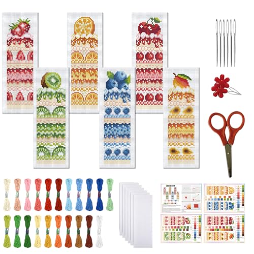Image of FREEBLOSS 6pcs Fruit Cake Cross Stitch Bookmark Kit 11CT Stamped Cross Stitch Kit DIY Embroidery Bookmarks Set with Felts Backing Instructions for Adult Beginners 8 inchx2.4 inch