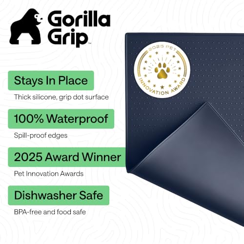 Image of GORILLA GRIP 100% Waterproof Raised Edge BPA Free Silicone Pet Feeding Mat, Dog Cat Food Mats Contain Spills Protects Floors, Placemats for Cats and Dogs Water Bowl, Pets Accessories 32x24 Navy