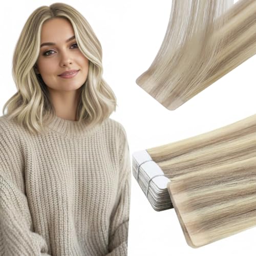 Image of Full Shine Injection Tape in Hair Extensions Human Hair Highlighted Blonde 14Inch Color 18 Ash Blonde and 613 Blonde Machine Virgin Tape in Extensions Seamless Skin Weft Injection Tape 20Grams 10Pcs