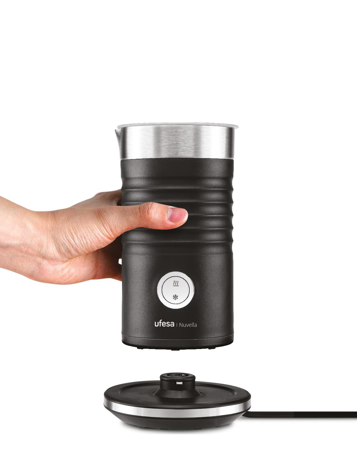 Ufesa Espumador de Leche Eléctrico Nuvella, Potencia 600W, Capacidad 200 ml, 3 Funciones, Espuma Caliente y Fría, Calienta Leche, Tecnología Magnética, Jarra Antiadherente