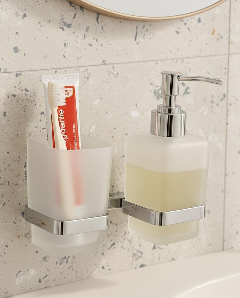 Image of Stainless Steel Toothbrush Holder with Glass Tumbler & Liquid Soap Dispenser Set - Wall Mounted 2-in-1 Bathroom Organizer, Chrome Finish (Square /Frosted Glass) (E 2712)