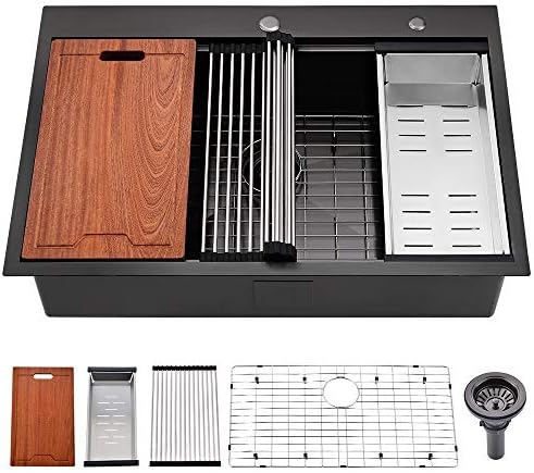 33 Inch Black Drop In Kitchen Sink Workstation -Bokaiya 33x22 Drop In Kitchen Sink Topmount Black Stainless Steel Sink 16 Gauge Deep Single Bowl Kitchen Sink with Cutting Board&Strainer