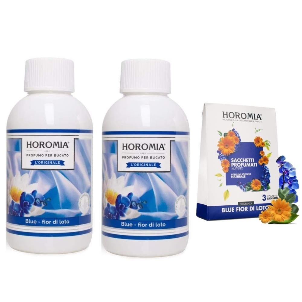 Horomia set 2 Profumatori liquidi per bucato essenza Blue Fior di Loto ml.500 e sacchetti profumati