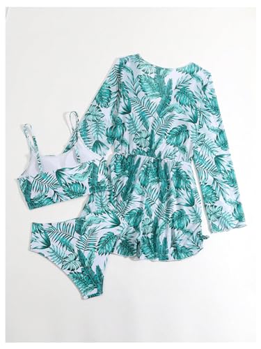 SweatyRocks Girl's Tropical Print Bikini Set Spaghetti Strap 3 Piece Bathing Suit with Cover Ups Swimsuit2