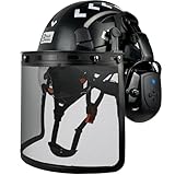 SAFEBUILDER Forestry Chainsaw Tree Work Safety Helmet Vented Hard Hats w/Visor Bluetooth Ear Muffs Face Shield Outdoor Hardhats Vented ANSI Z89.1 (Black Hat+ICV+BTE+MH)