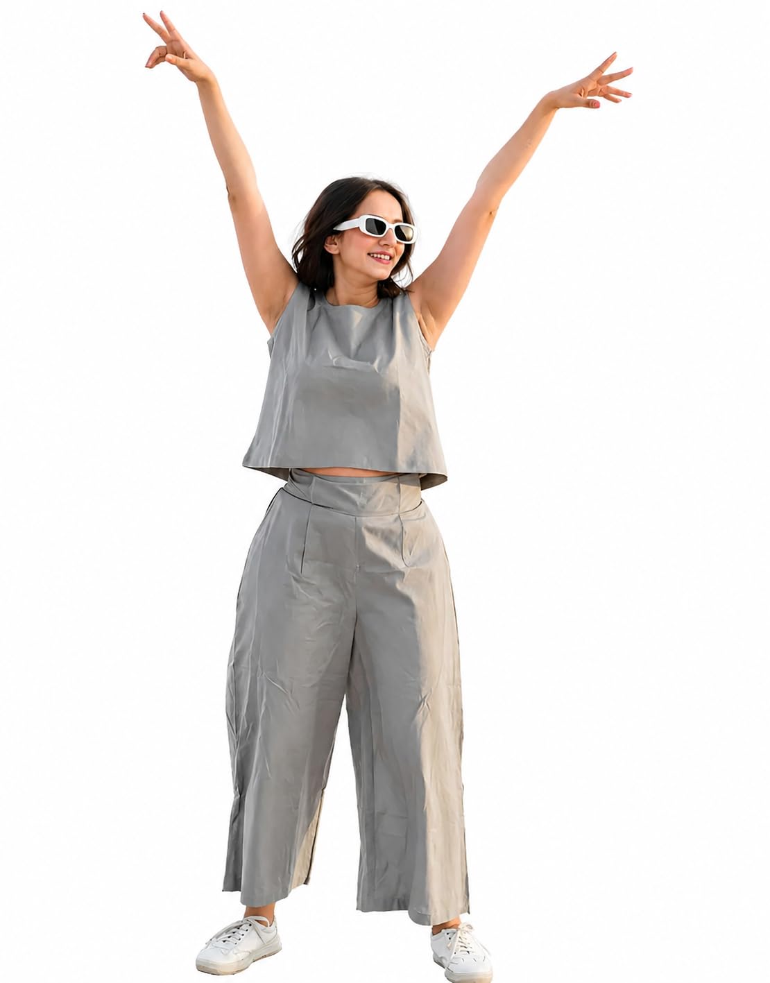 ak fashion mall Women's Solid Co-ord Set, Sleeveless Crop Top with Wide-Leg Pants, Casual Summer Wear-picture-43