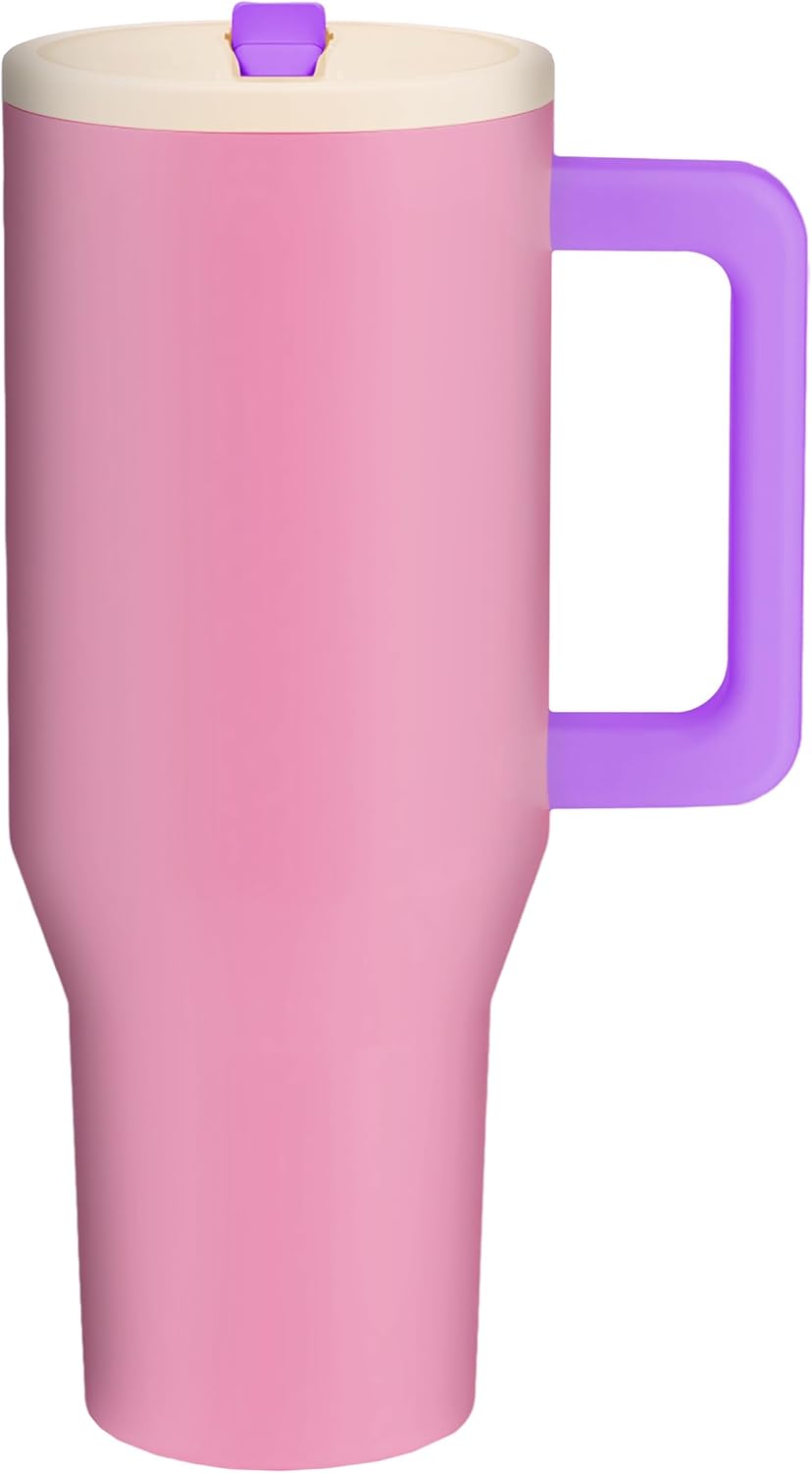 Boldstar Creations 40 Oz Stainless Steel, Insulated Tumbler with Handle, Flip Straw, Rubber non-slip Base, Leak Proof, Car Cup Holder Friendly, Extra Straw and Cleaner. (Pink Sugar)