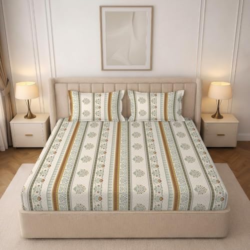 Image of 240 TC Cotton Feel Glace Cotton Elastic Fitted Printed King Size Double Bed Bedsheet with 2 Pillow Covers and Fits Upto 4-6 inches Mattress, Size- 72 inchx78 inch(Marigold)