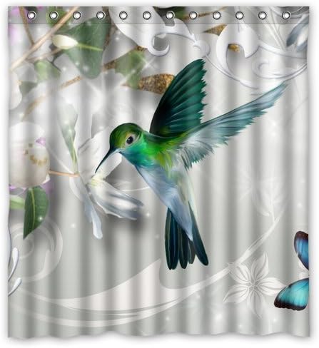 Custom Hummingbird, Gathering Honey, Green and Blue, Gray Waterproof Polyester Fabric Shower Curtain, 66" x 72"