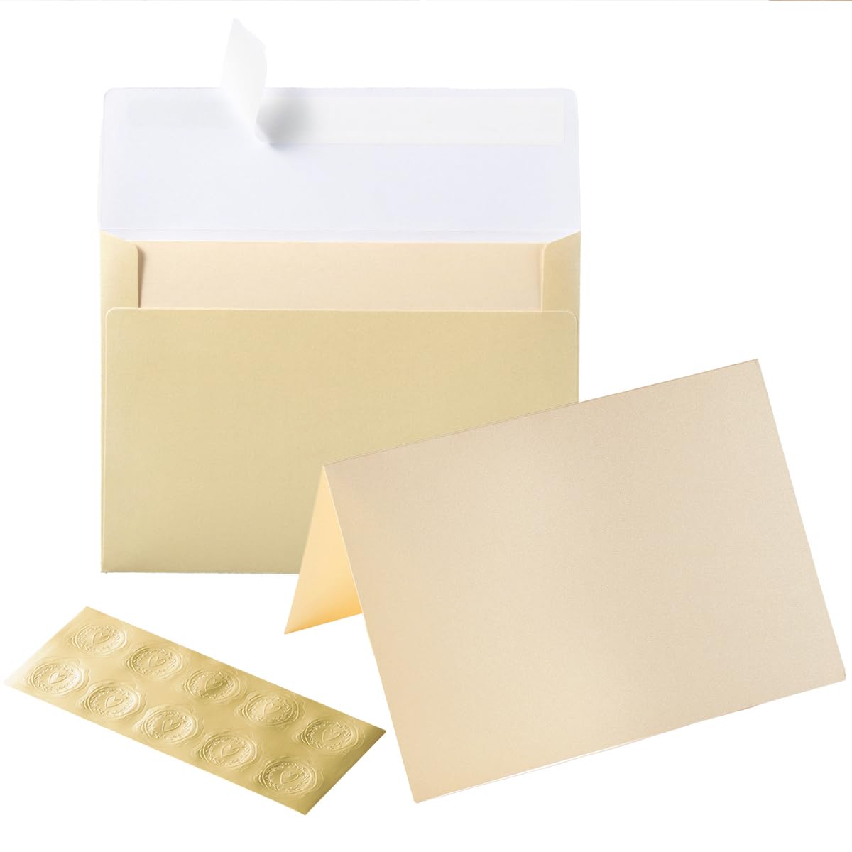 Wishop 50 Pack Shiny Self-Adhesive Envelopes with Shiny Fold Cards for Wedding Invitations, Greeting Cards, Baby Shower, Letter Mailing (Cream Color,