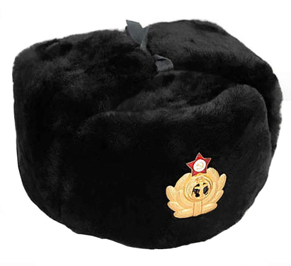 Cucuba® Original WAR HAT Black Cap Russian Ushanka Soviet for Winter Cold with Russian Army Badge - Gift IDEA (Size: 59 Size L (EU))