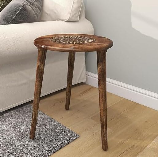 Image of WOOYNEX Wooden Table with Three Legs Modern Round Coffee Table and Side Table for Small Spaces with Pillar, Wood Books, Magazines, and Plant Stand for Living Room Entryway Table (Antic Burning)