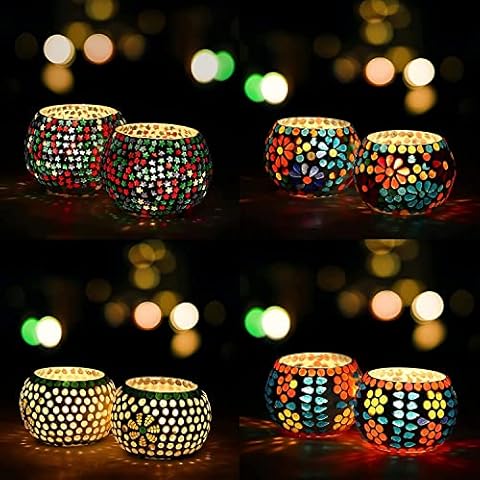 WebelKart Set of 4 Mosaic Glass Tealight Votive Candle Holder with Tea Light Candles for Indoor Outdoor decoration (Multicolor, Glass) Mix Designs Cover