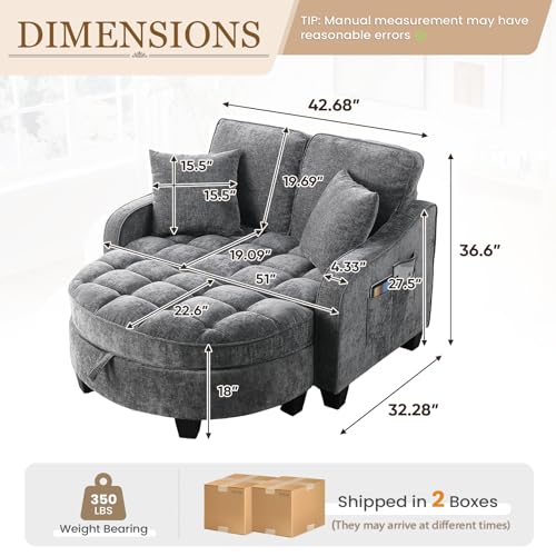Image of Oversized Chair and A Half, Chenille Tufting Accent Comfy Reading Sofa Chair with Storage Ottoman, Upholstered Loveseat Chaise Lounge Sofa with Adjustable Back for Living Room, Office, Sunroom, Grey