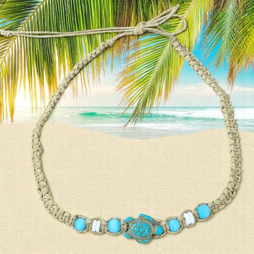 BlueRica Hemp Choker Necklace with Blue Cat's Eye, Puka Shell Beads & Turquoise Sea Turtle4