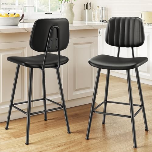 Raynesys 24-Inch Leather Bar Stools Set of 2, Counter Height Barstools with High Backrest,Bar Chairs for Kitchen Island with Heavy Duty Metal Legs, Black