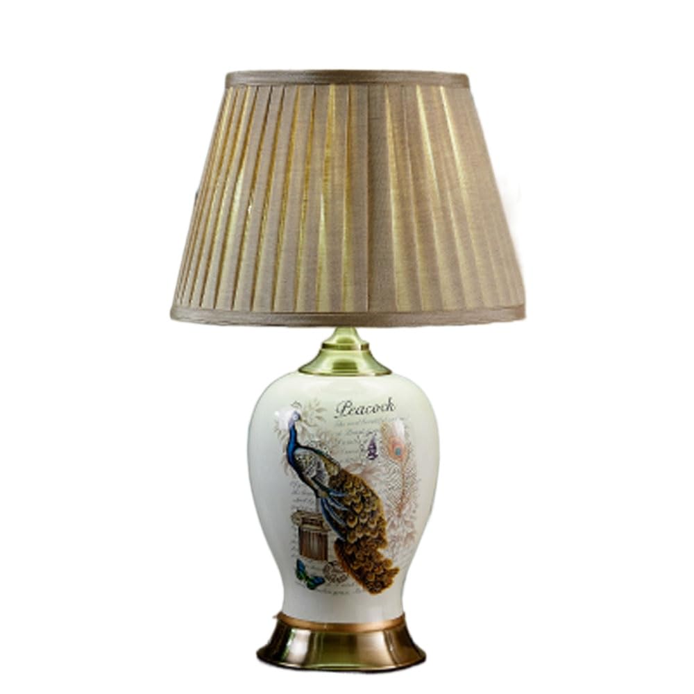 SGKOMN 22.8”American Flower And Bird Ceramic Table Lamp, Hand-Painted Chinoiserie Lamp, Fabric Lampshade Nightstand Lamp For Bedroom Living Room Office College Bookcase-H