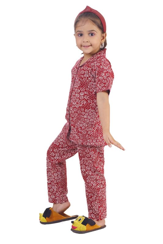 Image of Mimino Cotton Girls Maroon Night Wear Shirt & Pyjama | Night Dress for Girl Kids | Night Suit Set Top & Pajama Pant Set (Size Options - Age 1 to 6 Years)