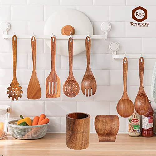9 Pcs Wooden Spoons For Cooking Utensils, Natural Teak Wooden Cooking Spoons With Nonstick Spatula Set, Bamboo Kitchen Utensils With Holder, Wood Spoon Set For Kitchen Essentials #TOP2