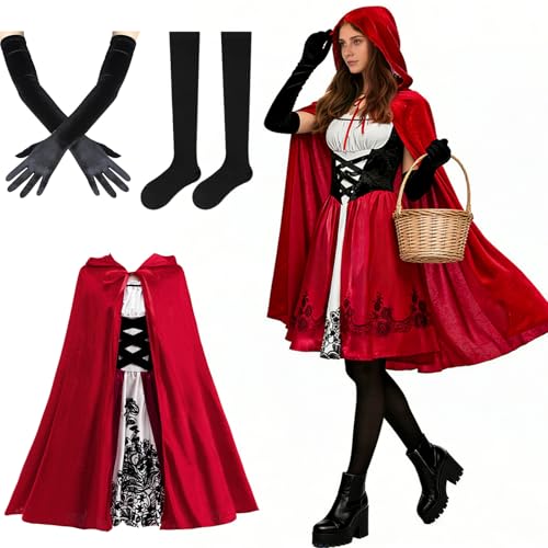GOUYENG Rotkäppchen Kostüm,Rotkäppchen Umh,Prinzessin Kostüm Red Riding Hood,Rotkäppchens Kleid und Umhang mit Kapuze,Faschingskostüme,Outfits...