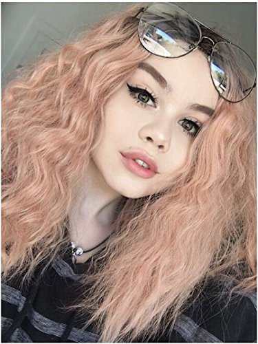 Xiweiya - Peluca delantera de encaje sintético corto rizado de color rubio, oro rosa, gris, negro con fibra resistente al calor para mujeres, peluca de repuesto de pelo de 35,56 cm