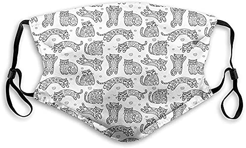 KEROTA Máscara de carbón activado a prueba de viento, gatos, gatitos ornamentales con patrón floral de animales, arte de bocetos, blanco y negro, decoraciones faciales para adultos (M