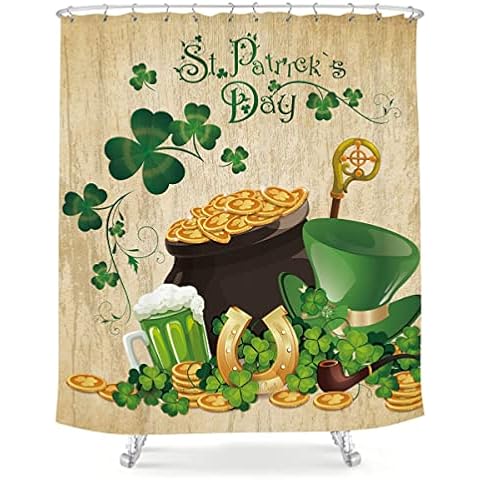 LIGHTINHOME St. Patrick's Day Shower Curtain Farmhouse Rustic Wooden Clover Shamrock Gold Coin 60Wx72H Green Leprechaun Hat Holiday Waterproof Bathroom Home Decor Set 12 Plastic Hooks Cover