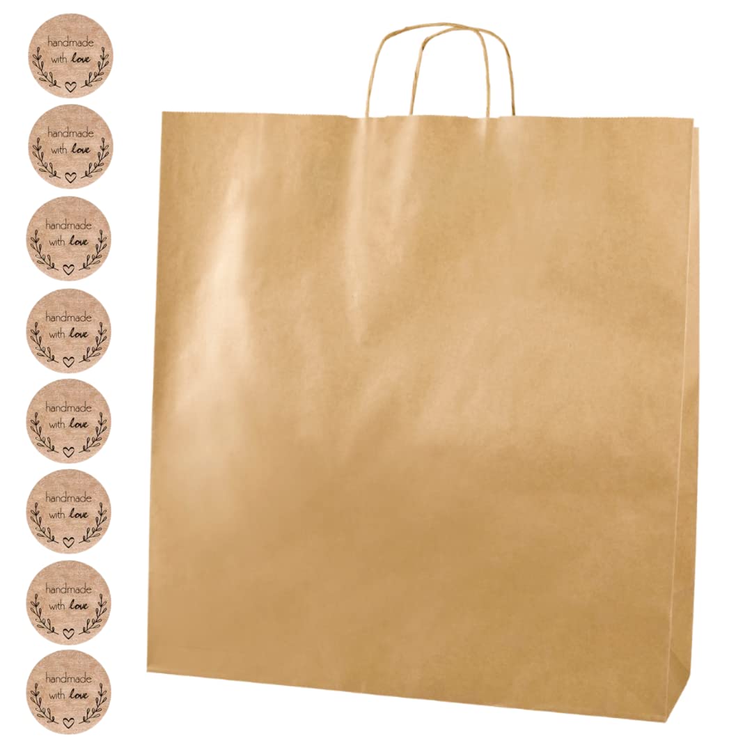 Thepaperbagstore 50 Brown XXL Paper Party Bags, Gift, Crafts and Sweet Bags with Twist Handles with "Handmade with Love" Stickers - 45x49x17cm