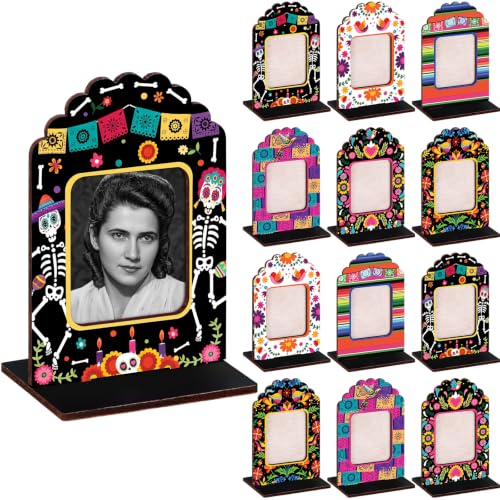 Wenqik 12 Pcs Day of the Dead Picture Frames Mini Wooden Photo Frame for Dia De Los Muertos Altar Decorations Mexican Fiesta Skull Tabletop Ofrenda Display Decor for Halloween Remembrance
