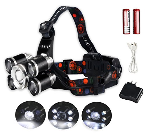 JUMPFISCH Lampe Frontale réglable et Hydrofuge à 5 LEDs et 4 Modes avec Lumière 5LED, Portée 200-500m,15000 LUMEN- Lampe Frontale pour Camping Jogging Équitation Pêche Randonnée Maintenance