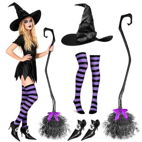 Beipegin Disfarce bruxa mulher cobre sapatos de bruxa gorro meias vassoura feiticeiro disfarce feiticeiro disfarces Halloween carnaval cosplay adulto crianças