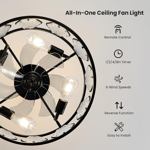 Image of Ceiling Fan with Lights and Remote, 19 Inch Modern Fandelier Ceiling Fan with Brushless DC Motor, Semi Flush Mount Drum Ceiling Fan with 6 Speeds, Reversible Quiet Indoor Fan for Bedroom Living Room