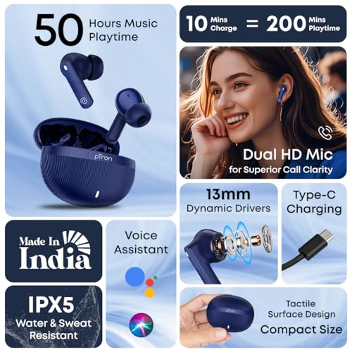 Image of pTron Bassbuds Fury in-Ear TWS Earbuds with 13mm Drivers, 50Hrs Playtime, AI-ENC Clear Calls, Bluetooth V5.4 Wireless Headphones, Voice Assistant, Type C Charging & IPX5 Water Resistant (Royal)